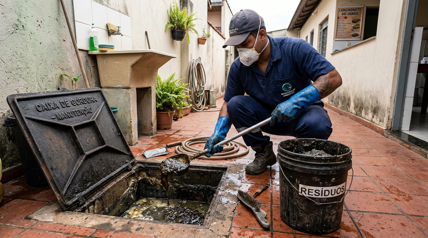 Remoção de resíduos da caixa de gordura em Limeira‑SP